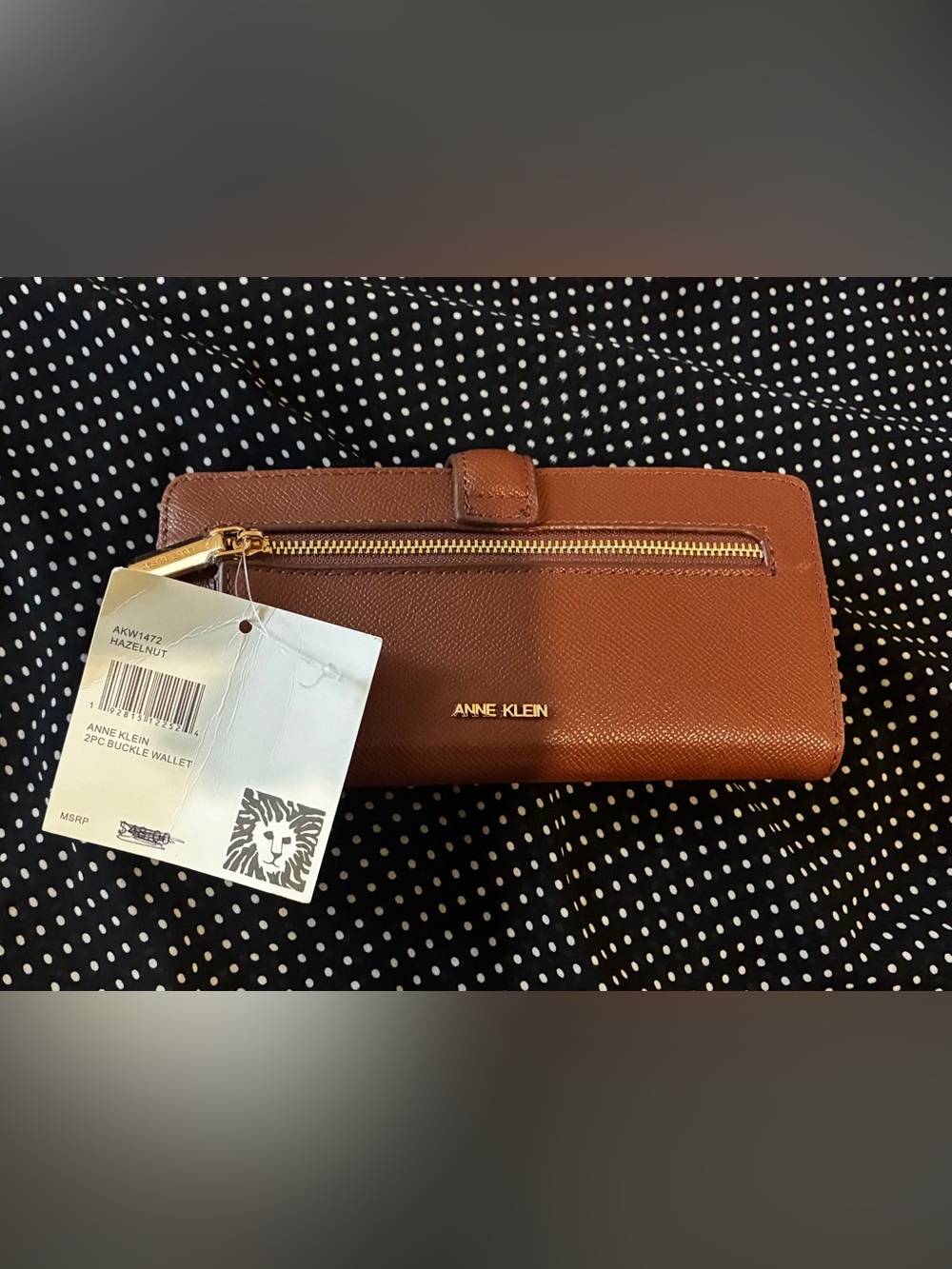 Anne Klein Hazelnut Saffiano Leather Zip Wallet with Gold Logo